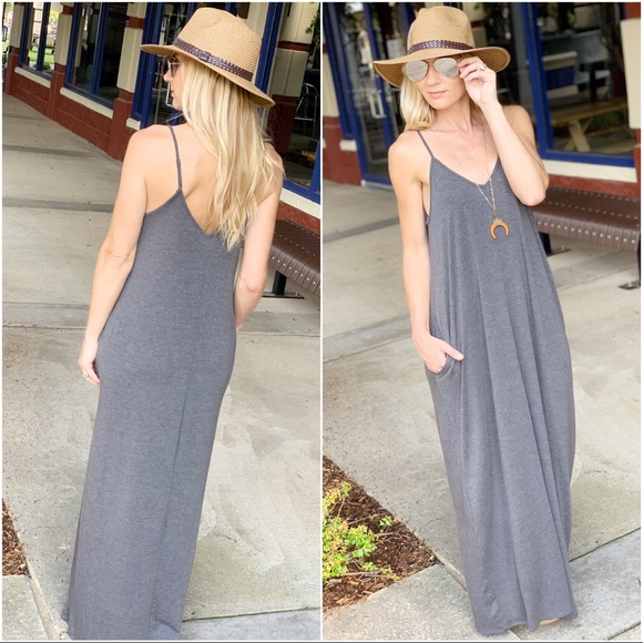 ✨LAST ONE✨ Gray V Neck Cami Maxi Dress w/ Pockets - Picture 2 of 2